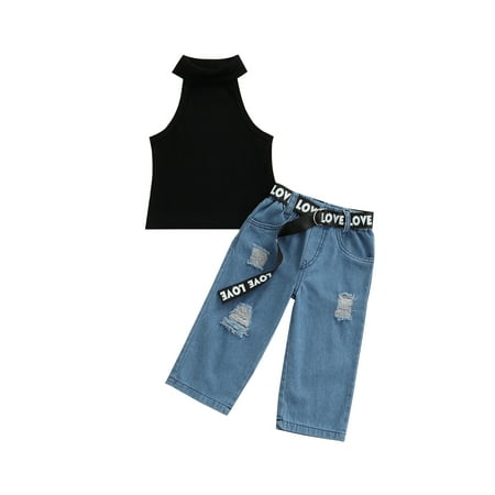

Canrulo Fashion Summer Kids Girls Clothes Sleeveless Strap Halter Vest Tops+Hole Denim Pants With Belt Set Black 2-3 Years