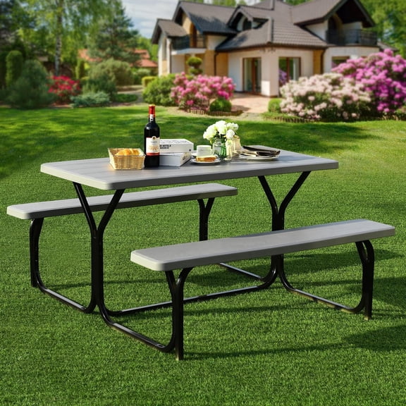 54 in Gray HDPE Outdoor Picnic Table Bench Set with Metal Base for 4 People