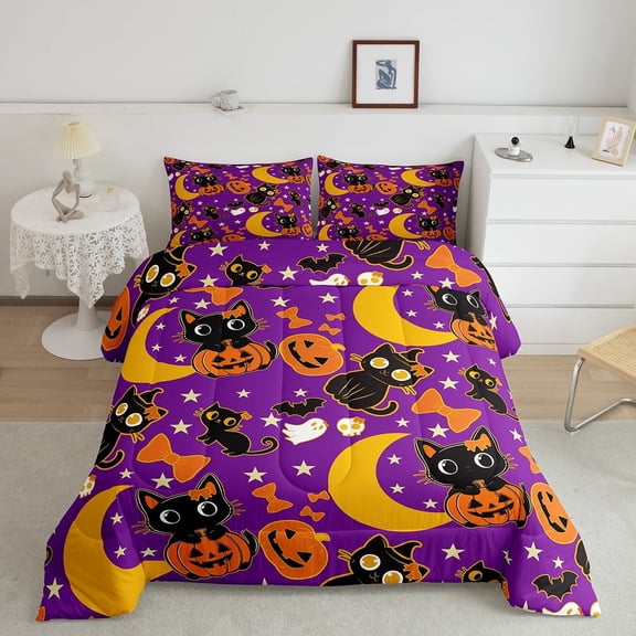 Erosebridal Kawaii Cat Kitten Bedding King Comforter Set, Gothic Pumpkin Duvet Insert, Cartoon Halloween Reversible Comforters & Duvets, Ultra Soft Room Decor, 3pcs