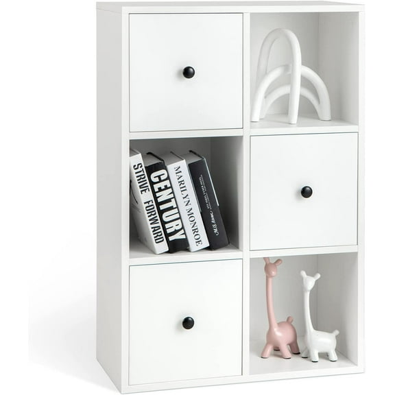 Giantex 6-Cube Bookcase with Drawers, 3-Tier Freestanding Wooden Bookshelf with Anti-toppling Device, Wood Cube Storage Organizer for - Room, Living Room, Study, Bedroom, White