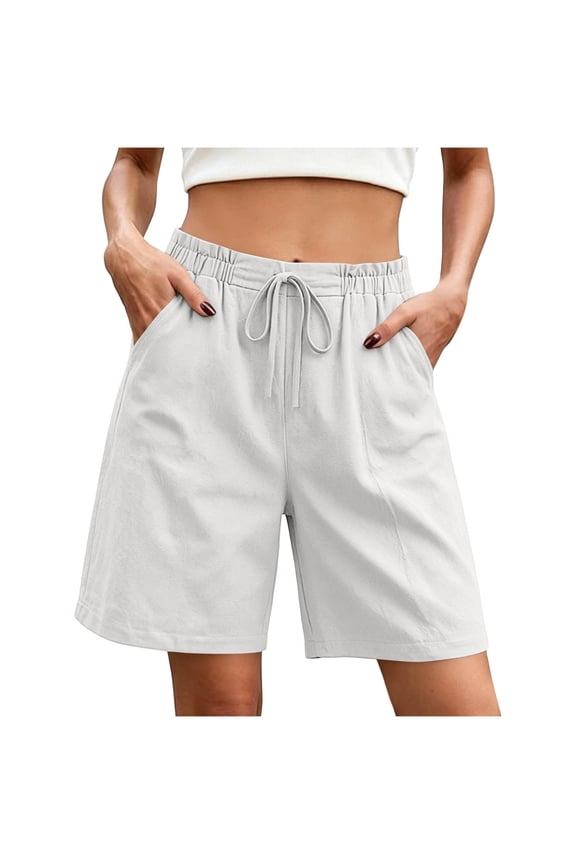 Women's 100% Cotton Bermuda Shorts Elastic Waist Drawstring Loose Straight Fit Casual Summer Beach Walking Lounge Shorts with Pockets, S-XXL
