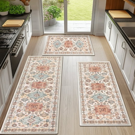 Ileading 3 Pieces Boho Kitchen Rug Sets Non Slip Soft Kitchen Mat Floor Mat for Kitchen, Laundry Room and Hallway