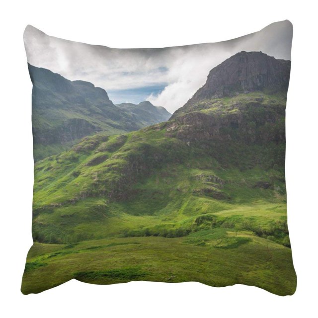 ABPHQTO Green Mountain Summer in the Scotland Highlands Blue Landscape Hill Valley Glencoe Rock Grass Fog Funda de almohada 45x45 cm