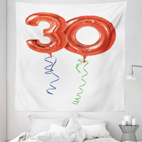 Colorful Tapestry, Red Colored Number Balloons with Swirl Ribbons Party Concept, Fabric Wall Hanging Decor for Bedroom Living Room Dorm, 5 Sizes, Red Blue Green, by Ambesonne