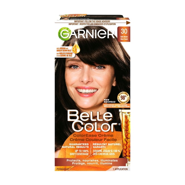 Garnier Belle Color Permanent Hair Dye, 30 Dark Brown, 100% Grey Coverage, Enriched with Argan Oil and Wheat Germ Oils - 1 Application