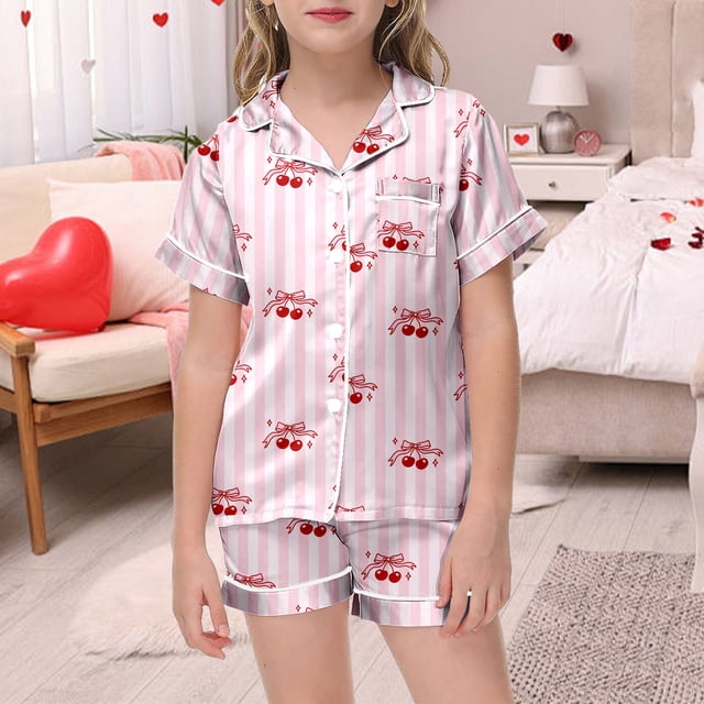 Ensemble de Pyjama à Manches Courtes avec Nœud Papillon et Boutons pour Filles, Confortable pour la Maison
