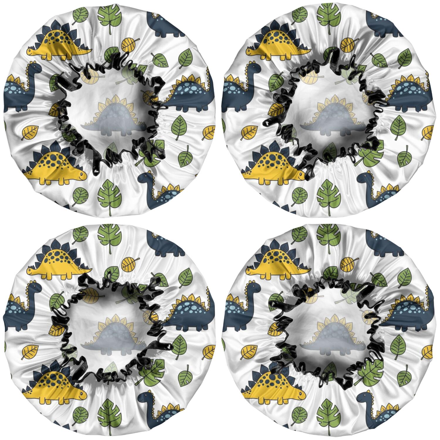 Shower Caps,White Cartoon Dinosaurs Green Yellow Leaves Pattern Waterproof Shower Cap for Women 4 Pieces,Double Reusable Hair Cover for Shower PEVA Elastic Stretch Hem