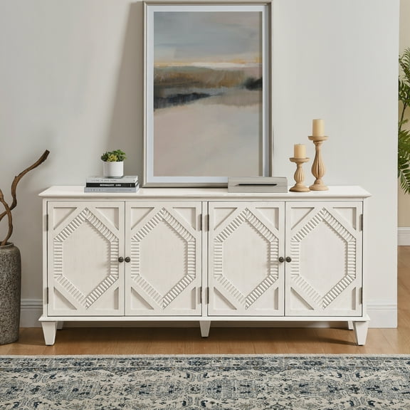 65" Mid Century Modern Sideboard Buffet Cabinet, Geometric Accent Storage with Adjustable Shelf, Antique White Console Table for Living Room