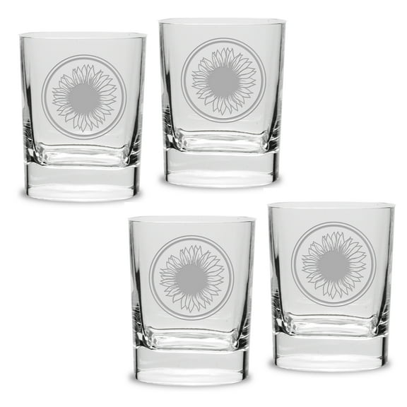 Sunflower Deep Etched Luigi Bormioli 11.75 oz Square Round Double Old Fashion Glass Set of 4