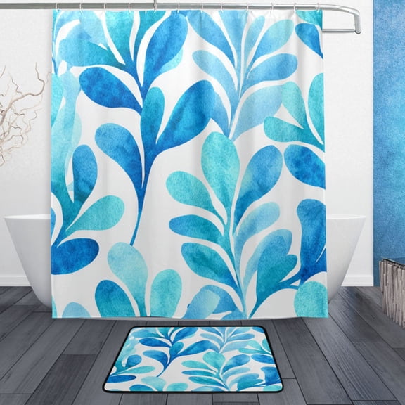 TTYFWHD 60" x 72" Shower Curtain and Bath Mat Set Ocean Blue Watercolor Foliage Waterproof Bathroom Curtain with 12 Hooks, Bathroom Decor Set