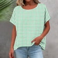 thumbnail image 6 of Women's Gingham Print Tops Crew Neck Short Sleeve Linen T-Shirt Breathable Summer Top for Going Out Vacation Green 3XL, 6 of 6