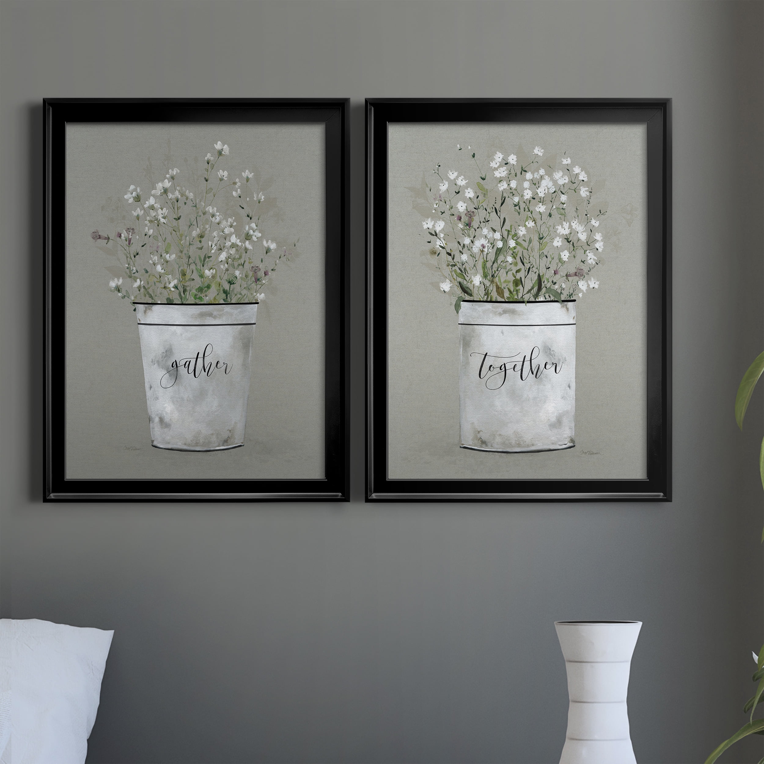 2 Piece Set Bouquet of Grace Bucket Gather Premium Framed Canvas - Ready to Hang - 22.5 x 30.5 Each - Black Frame