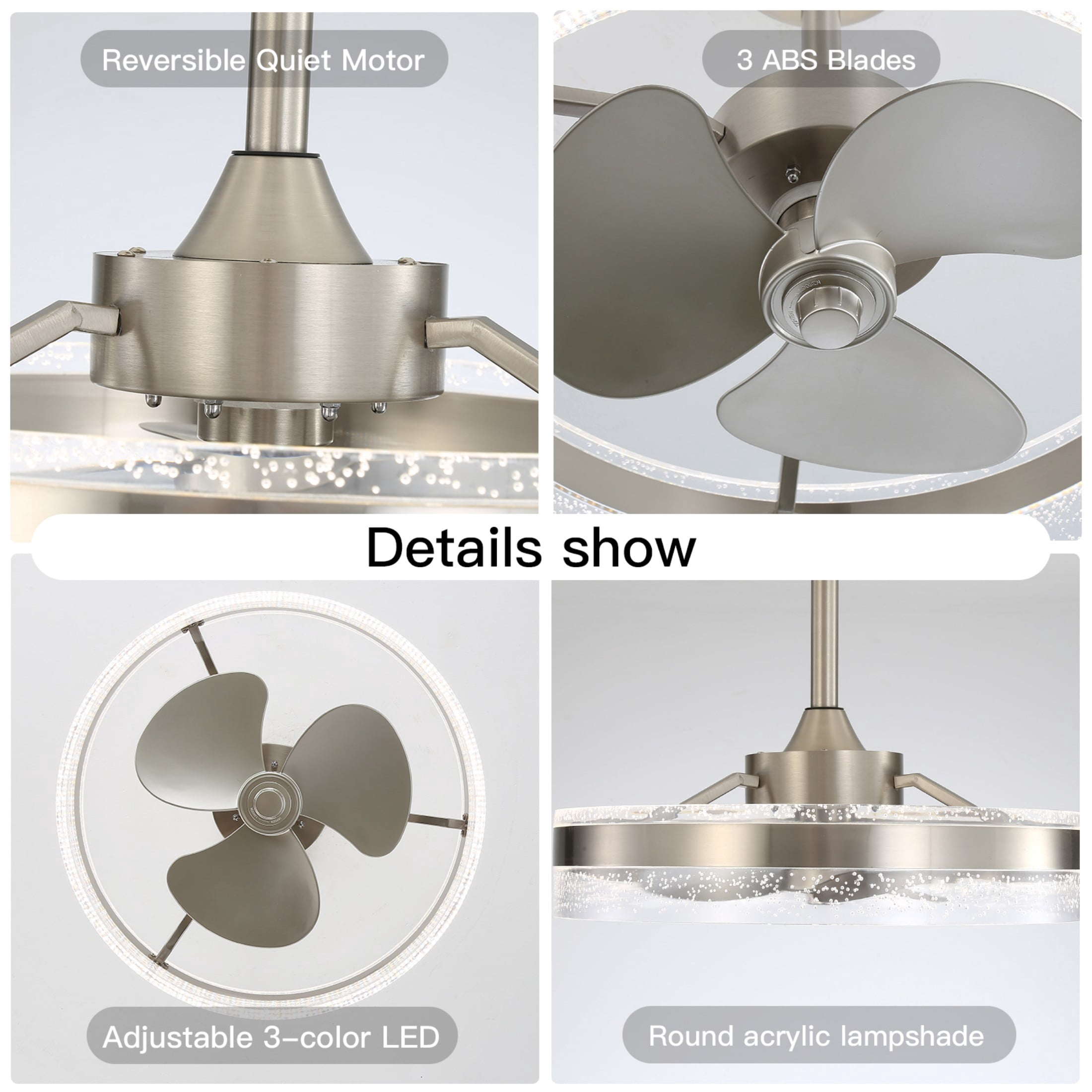 Sofucor 20" Ceiling Fan with Light - 3 Colors Lighting, 6 Wind Speeds, Remote Control&APP, Modern Dimmable LED, Smart Ceiling Fan for Bedroom(Nickel)