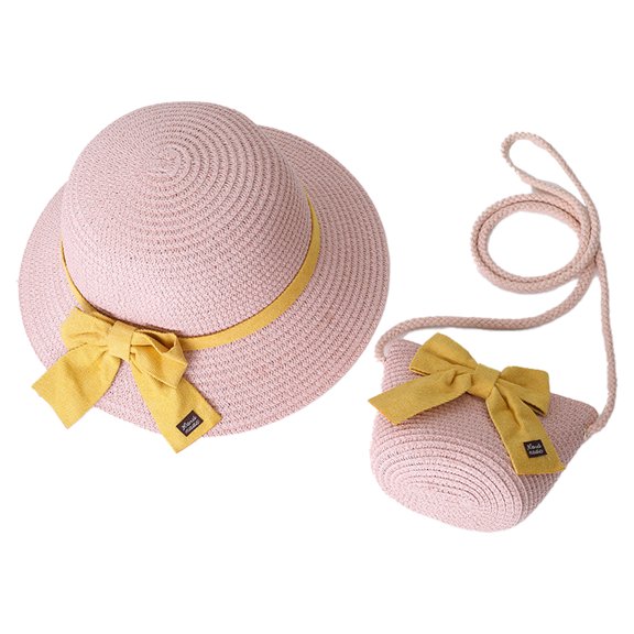 56-58cm hat circumference female summer straw hat and straw bag two-piece bow cute beach hat sun hat - pink