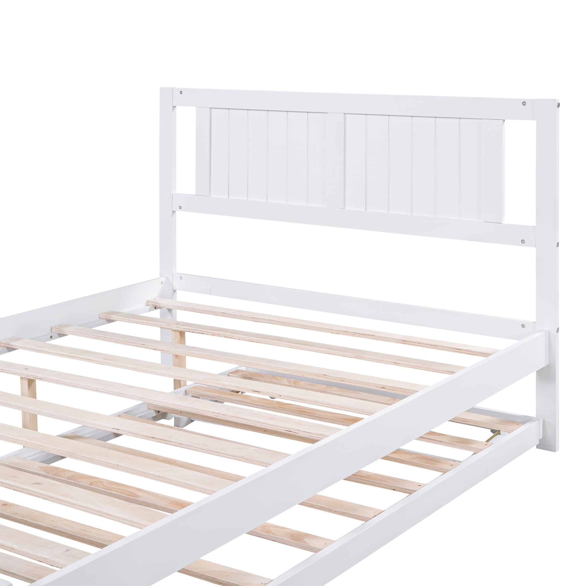 Euroco Pine Wood Full Bed with Twin Trundle, Convertible Beds, White