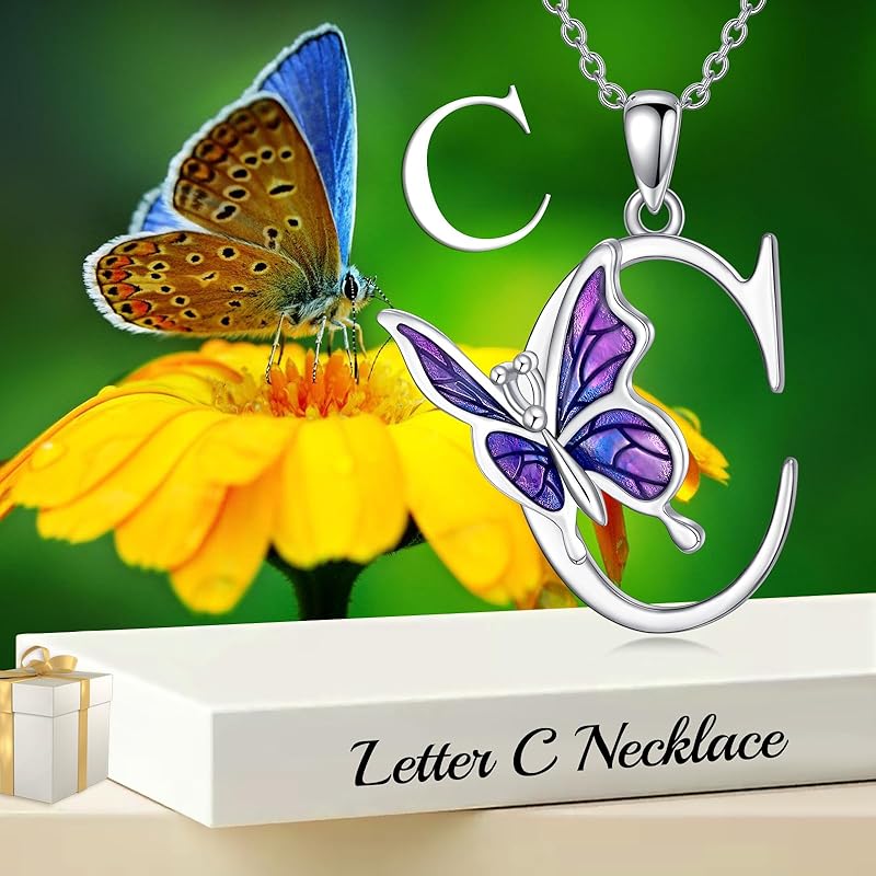 AOBOCO Initial Necklace for Women 925 Sterling Silver Purple Butterfly with A-Z 26 Letters Pendant Necklace for Graduation Gifts
