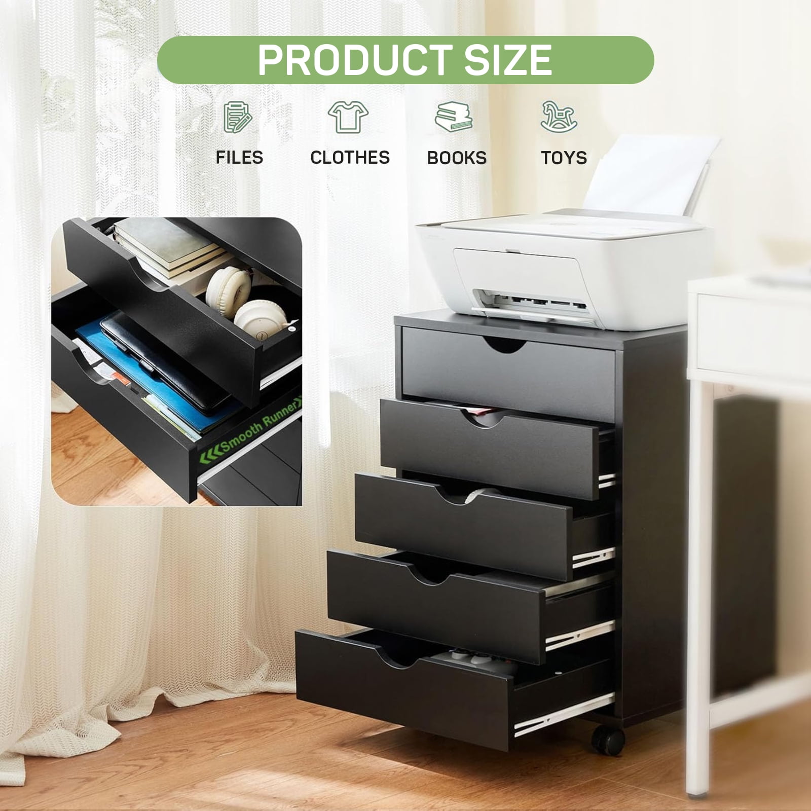5-Drawer Wood File Cabinet with Wheels, Rolling Storage Organizer for Home Office, 18.74"W x 15.75"D x 25.39"H