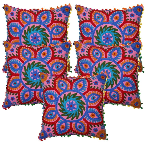Stylo Culture Suzani Embroidered Decorative Throw Pillow Covers 16 x 16 Indian Pink Red Elegant 40x40 cm Pom Pom Lace Cotton Floral Square Cushion Covers | Set Of 5