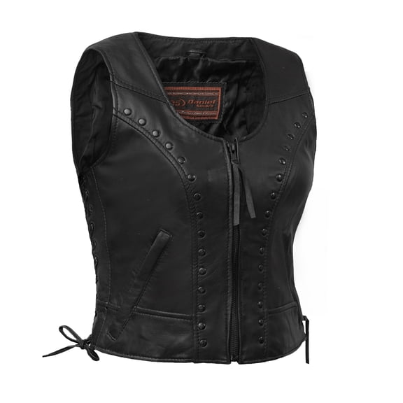 Daniel Smart Biker Vest for Women Soft Lambskin Leather Vest with Front Zipper Stylish Side Laces and Zipper Pockets
