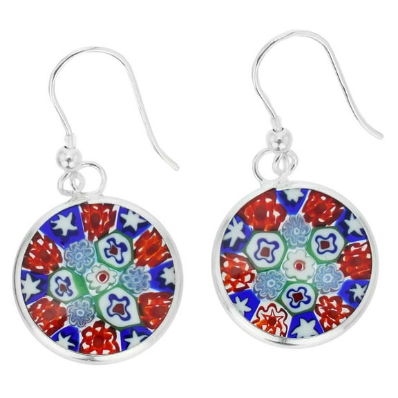 GlassOfVenice Murano Glass Millefiori Round Dangle Earrings - Silver