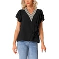 thumbnail image 1 of Unique Bargains Hauts à Manches Courtes pour Femmes Blouse Décontractée Col en V Noir L, 1 of 6