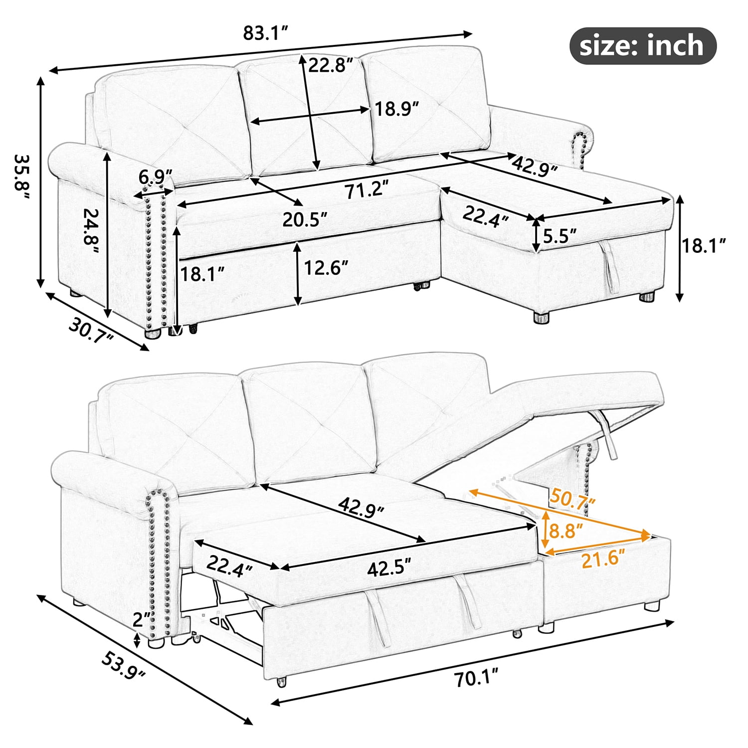 Kadyn 83" Mid-century Velvet Convertible Sectional Sofa Bed, 3-Seater L-shape Corner Futon Sofa with Storage Chaise, Modern Sleeper Sofa Bed for Apartment, Gray