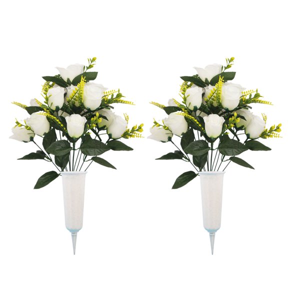 ZTTD 2 Pack Artificial Cemetery Flowers with Vase,Grave Memorial Flowers, Artificial Rose Bouquet Decoration for Cemetery Headstones Gravesites