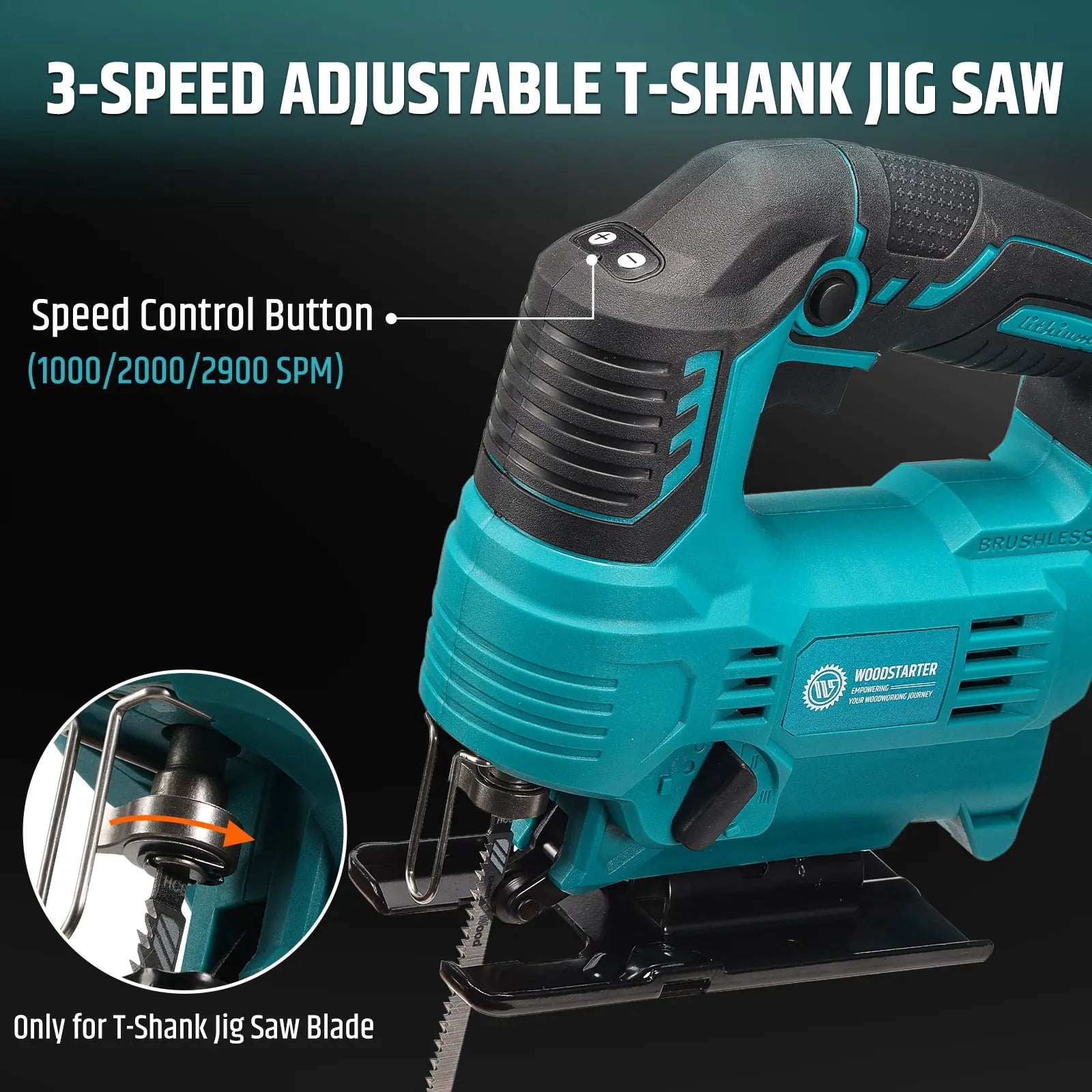 WOODSTARTER Cordless Jigsaw Tool with Battery & Charger, 3-Position Orbital Jig Saw for Makita 18V, 0°-45° Bevel Angle