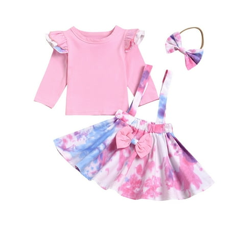 

Alueeu chidren dress for girl Infant Baby Girls Soild Tops+Tie-Dye Bowknot Suspender Skirts+Headbands Sets