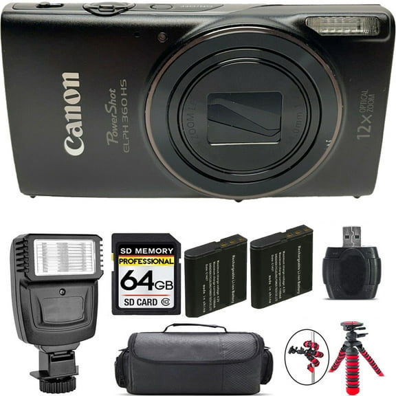 Canon PowerShot ELPH 360 Camera (Black) Extra Battery Flash - 64GB Kit (International Version)