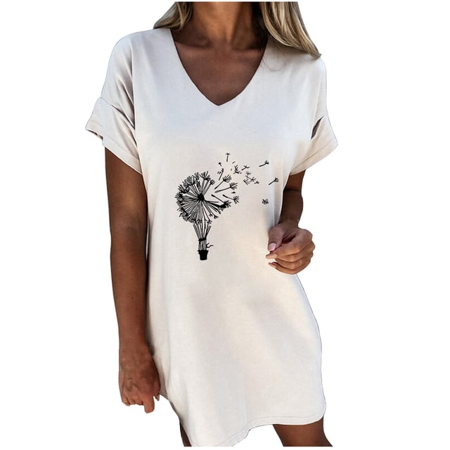 Robe T-Shirt pour Femmes Décontractée d'Été à Col en V à Manches Courtes à Imprimé Graphique Robe d'Été Coupe Ample Plage Vacances Robe Courte