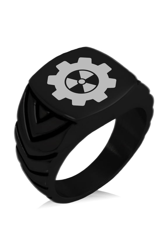 Stainless Steel Radioactive Gear Chevron Pattern Biker Style Polished Ring