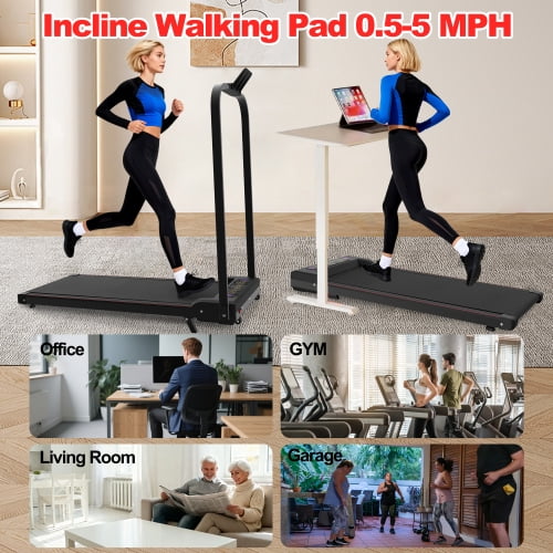 Foldable Treadmill with Handle Bar and Incline, 2 in 1 Portable Under Desk Walking Pad and Vibration Pad with Remote Control for Home Office Small Spaces, Black