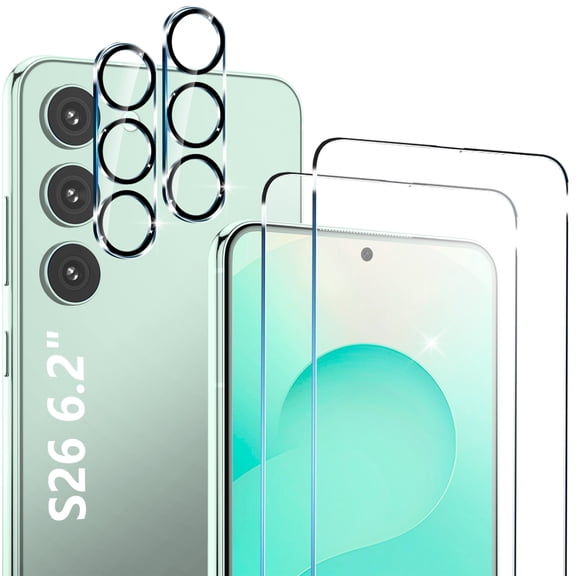 2 Pack Tempered Glass Screen Protector for Samsung Galaxy S26 & 2 Pack Camera Lens Protector, 9H Hardness, Case Friendly, Fingerprint Unlock Compatible, HD Clear, Anti-Scratch