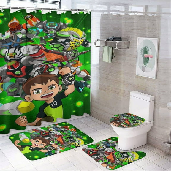Ben 10 Shower Curtain Set for Decor Bathroom Rugs U Shaped Bath Mat Toilet Lid Cover 4 Piece Set with Hooks 72x72inch
