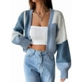 thumbnail image 3 of Women'S Color Block Open Front Long Sleeve Ribbed Knit Cropped Cardigan Sweaters Sky Blue XL, 3 of 9