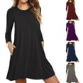 thumbnail image 2 of Fall Spring Dress Round Neck A-line Pockets Loose Big Hem Long Sleeves Mini Dress Pure Color Casual Dating Shopping Short Dress, 2 of 8