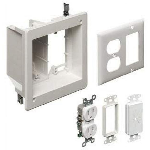 Arlington TVBR505K-1 TV Box Recessed Kit with Outlet and Wall Plates, 2-Gang, White, 1-Pack