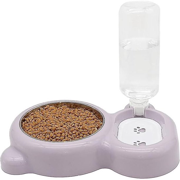 Cuencos dobles para conejos, comedero automático para gatos con botella de agua por gravedad, cuenco de acero inoxidable desmontable antiderrames para perros, color morado, 19,5 x 27 x 5 cm,