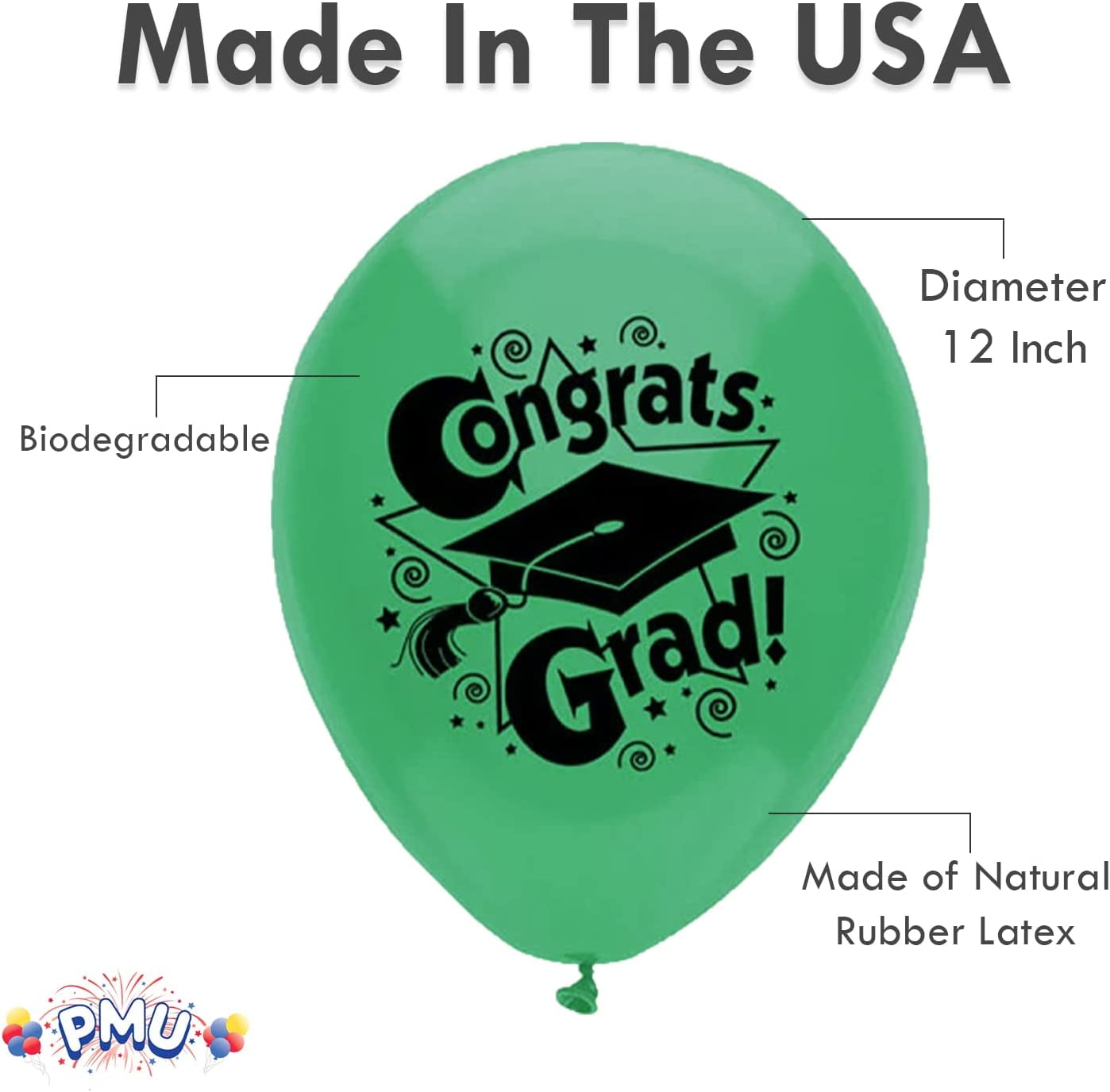 PMU 50 Pcs Graduation Balloons PartyTex 11 inch Premium Jade Green with All-Over Print White Grad Caps-Confetti and Streamers Graduation Party Decorations
