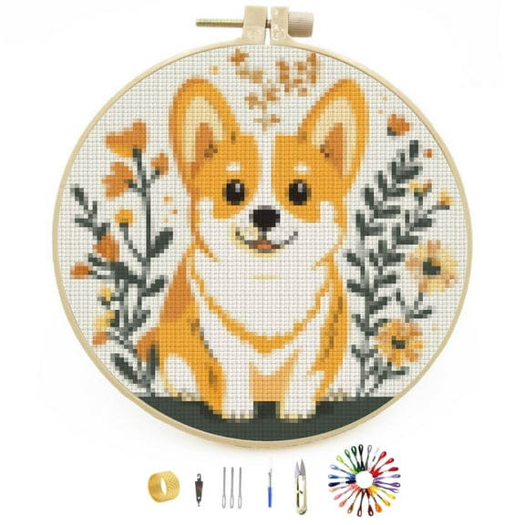 DIY Stamped Cross Stitch Kits Cute Corgi Dog and Flowers Easy for Beginners with Hoop 11CT Counted Embroidery Needlepoint Crafts Arts for Handmade Enthusiasts and Home Decor 30x30cm(1)