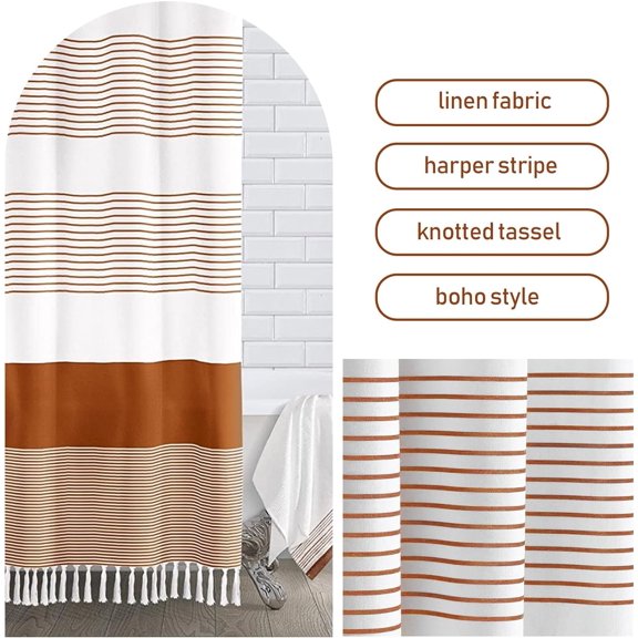 Boho Orange Shower Curtain For Bathroom Farmhouse Natural Linen Stripe Tassel Showe[1080]