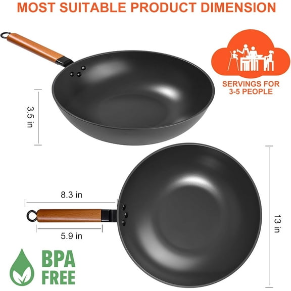 13" Nonstick Wok with Lid, Carbon Steel Stir-Fry Pan for Electric, Induction & Gas Stoves