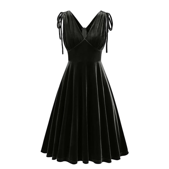 Bigersell Vintage Cocktail Dresses Women Velvet Sleeveless Double Side V-Neck Retro Cocktail Party Mid-Length Dress Solid Color Wedding Guest Pleated A-Line Midi Dresses Black S
