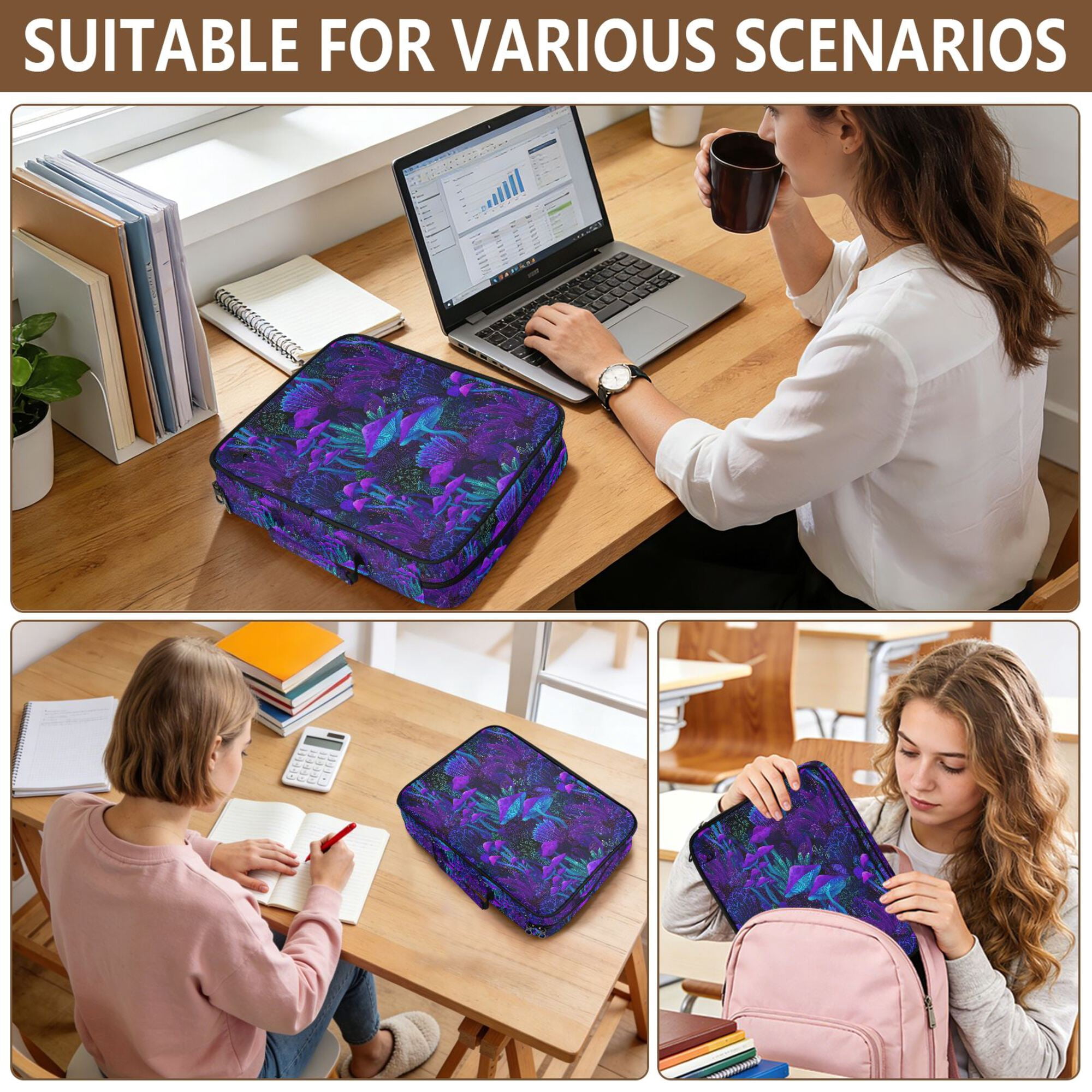 FORMRS Accordion File Folder A4 Size 7-Pocket Expanding Document Organizer Bag with 3 Ring Binder, Dark Mushrooms Pattern