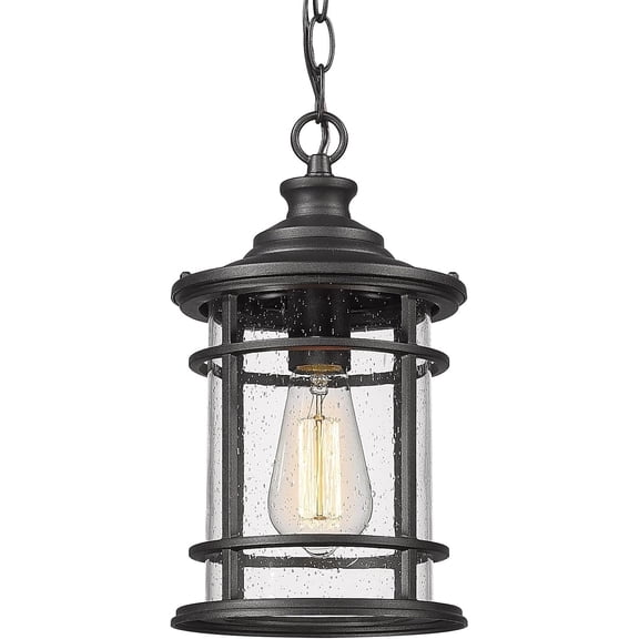 Emliviar Outdoor Hanging Light - 12.4" Pendant Lantern for Front Porch, Seeded Glass Shade in Black Finish, XE229H BK
