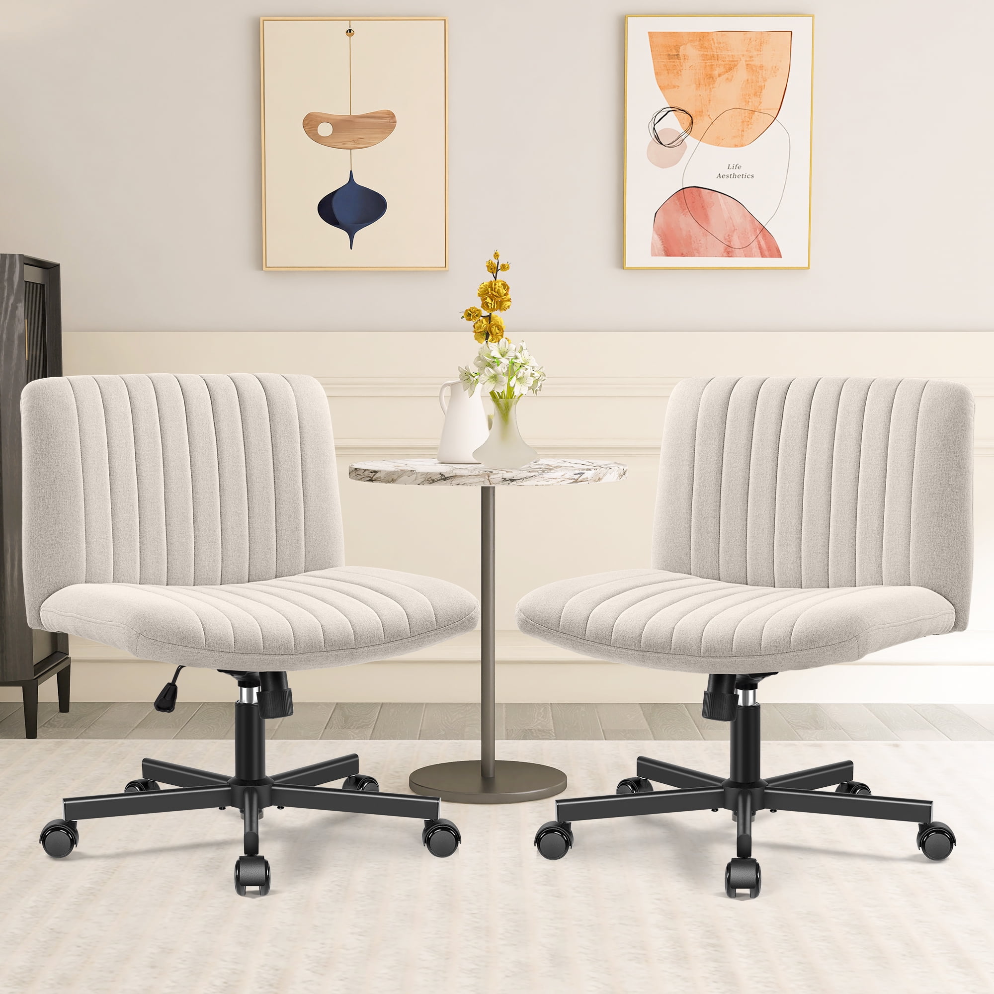 COOLHUT Office Chair Armless Criss Cross Legged Chair with Wheels, Linen Fabric Comfy Home Office Desk Chairs, Wide Seat Vanity Task Computer Chair, Beige