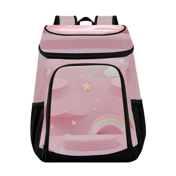 36 Can Capacity Insulated Backpack Cooler Lunch Bag for Picnics, Camping Pink Background Rainbow