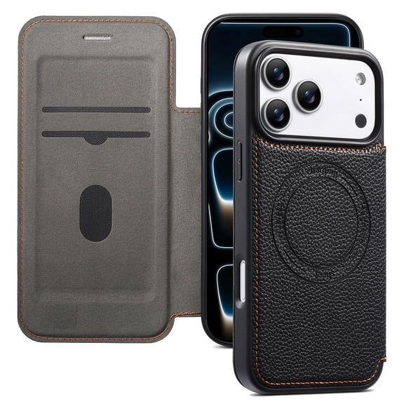 Wallet Case for iPhone 17 Pro Max, Compatible with MagSafe, PU Leather Shockproof TPU Shell Magnetic Protective Flip Folio Cover,Black