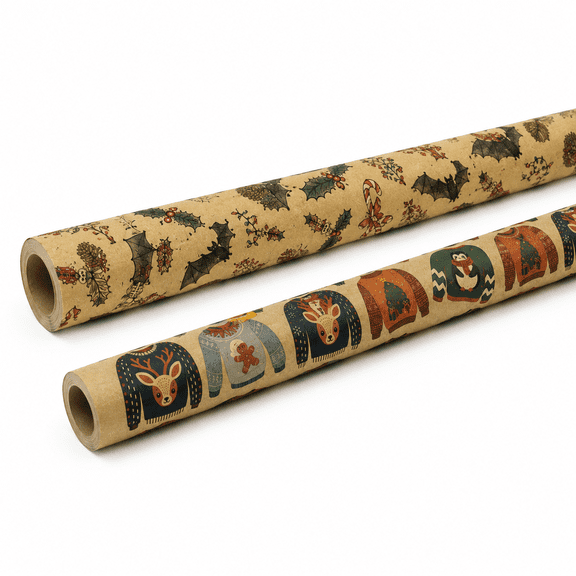 2 Pack Christmas Gift Wrapping Paper Rolls, Kraft Paper, Xmas Ugly Sweater & Gothic Holiday Printed Design